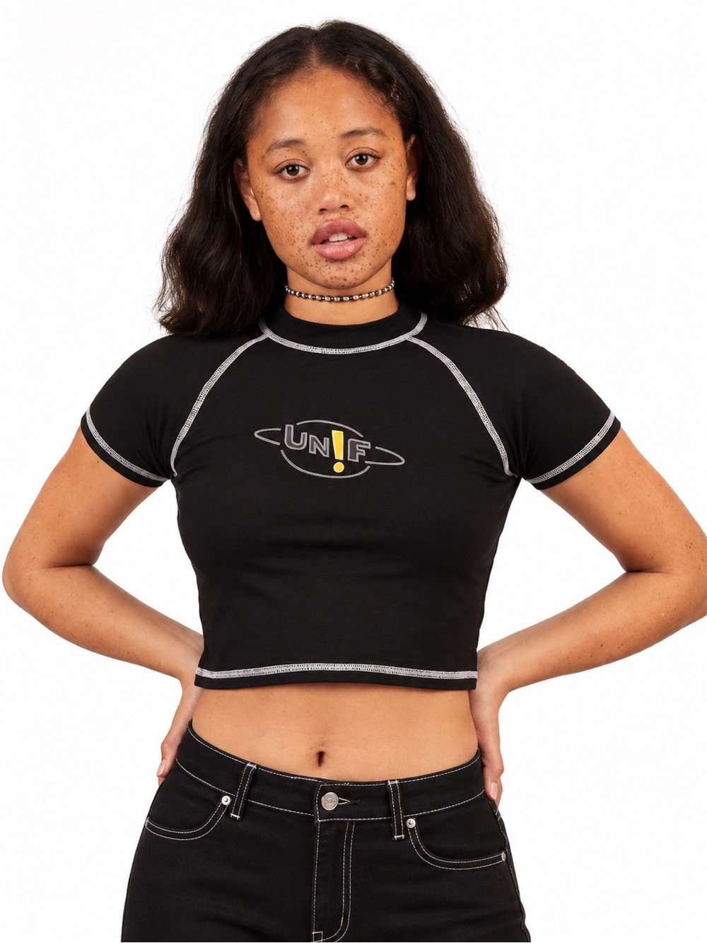 UNIF Crop Top space black contrast 0997 stitching babydoll small women